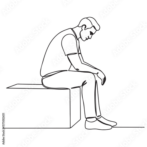 Continuous Line Drawing of a Seated Man Expressing Melancholy and Introspection on a Square Bench with Simple Shoes