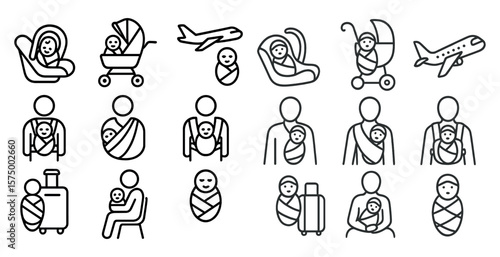 Series of images of people holding babies and luggage, with the idea of travel and family. The mood of the images is lighthearted and playful, with a focus on the joy of parenthood