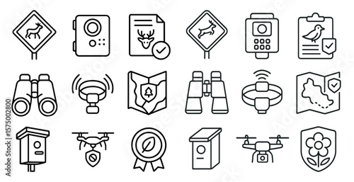 Set of icons for various items, including a camera, a bird, and a map. The icons are all in black and white and are arranged in a grid