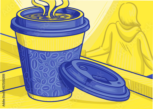 Hot coffee in paper cup with lid resting nearby on counter offers invigorating start to morning. Hot coffee, aromatic and steamy, promises delicious flavor and energy for bustling day,