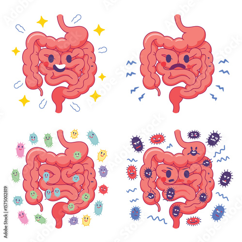 Healthy and unhealthy intestines with good and bad bacteria characters