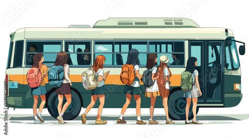 Diverse Group of Students on School Bus with Backpacks