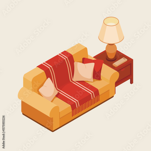 Cozy yellow sofa with red blanket and pillows next to a nightstand