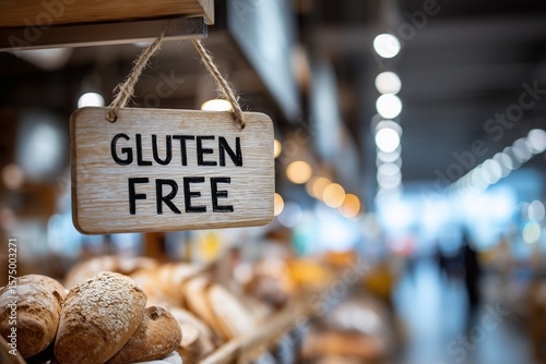 Wooden gluten free sign hanging above bread section in grocery store with blurred background and warm lighting