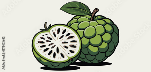 Illustration of a whole and halved green custard apple with visible seeds and leaf