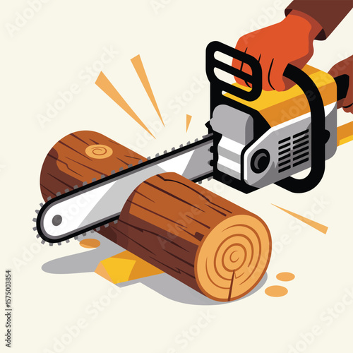 Person wearing gloves using a chainsaw to cut through a wooden log