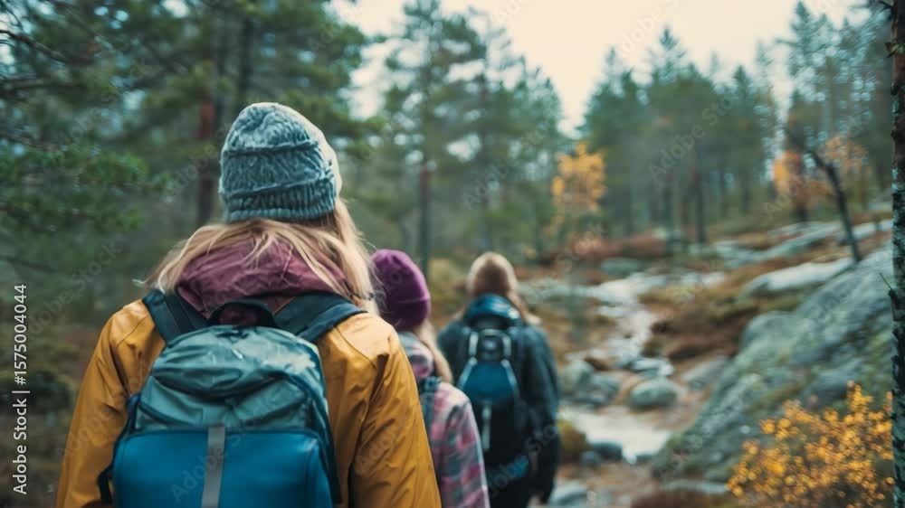 Adventurous group hike exploring forest trail with team of travelers Adventurous group hike exploring forest trail with team of travelers