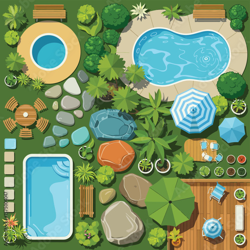 Aerial view of a modern backyard with swimming pools and lounge chairs