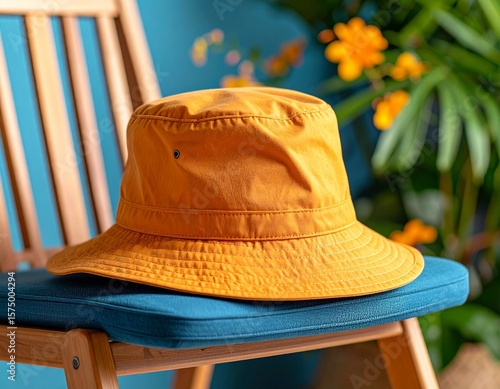 Yellow Hat on a Chair: A vibrant yellow bucket hat sits atop a wooden chair. Captured with attention to the texture, composition and the light