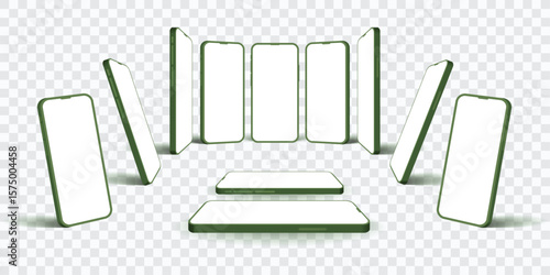 3D Realistic Smartphone Mockup Set – Green Mobile Phones with Blank White Screens in Multiple Angles, Front, Side and Perspective Views – Vector Illustration for UI and UX Design and App Presentation