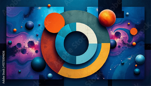 A modern abstract composition featuring circles, spheres, and cosmic nebula elements on a rich blue and purple textured background.