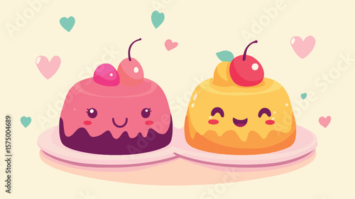 Delicious Kawaii Cake Portion Sweet Food Flat Vector Illustration