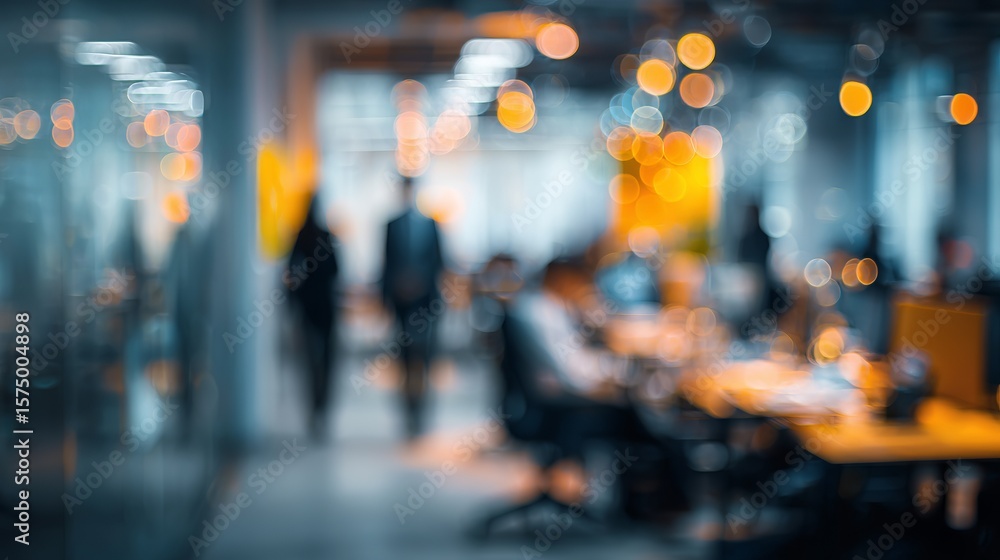 Fototapeta premium Abstract portrayal of a modern office environment with blurred figures and warm, inviting light fixtures ambiance.