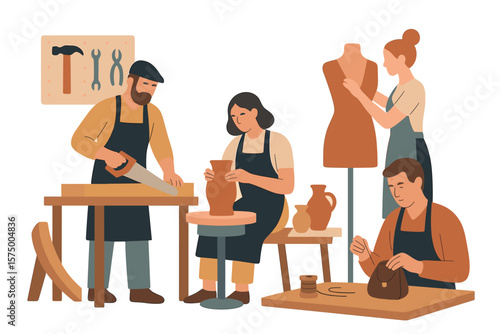 Artisans crafting: pottery, woodworking, sewing, and tailoring in a workshop setting