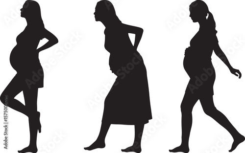 Silhouettes of Pregnant Women in Various Poses Against a White Background, Representing Maternity and Expectation