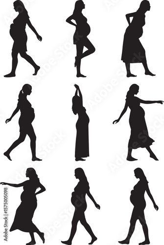 Silhouette collection of pregnant women in various poses, expecting mothers, pregnancy journey, motherhood and prenatal care