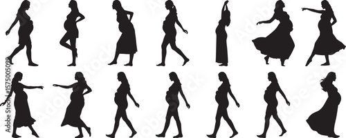 Silhouettes of Pregnant Women in Various Poses Walking, Dancing, and Standing with Dresses
