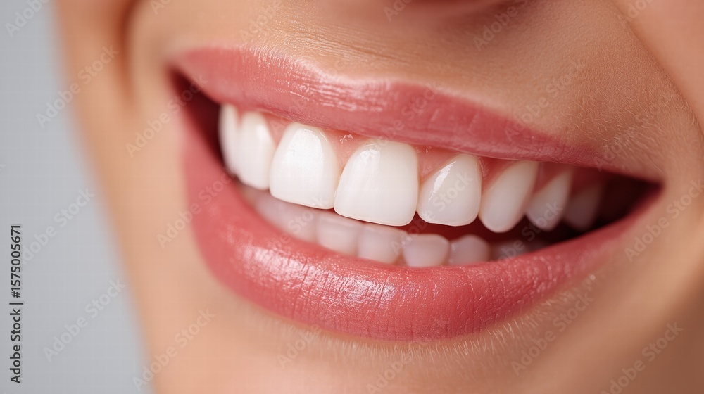 Obraz premium Radiant Smile Highlighting Perfectly Aligned White Teeth and Soft Pink Lips for an Inviting and Joyful Appearance
