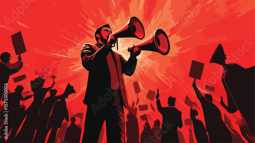 Confident candidate man speaks with megaphone in flat vector illustration