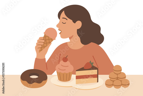 Woman enjoying desserts with ice cream, cake, and pastries in flat design style