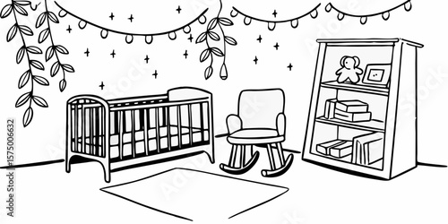 Nursery Room Interior Illustration: A cozy and inviting nursery room interior illustration with a crib, rocking chair, and bookshelf creating a serene atmosphere for a baby's space.
