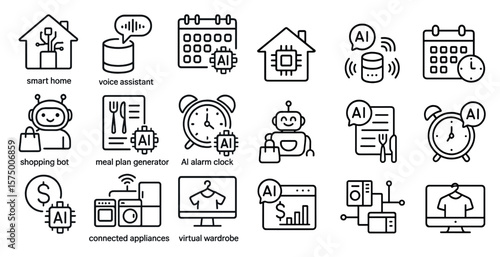 Set of icons for smart home devices and appliances. The icons include a robot, a smart home assistant, a smart home calendar, and a smart home alarm clock