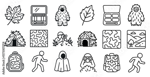 Collection of icons for various outdoor activities, including hiking, camping, and backpacking. The icons are all in black and white and include a backpack, a tent, a leaf, and a leaf blower