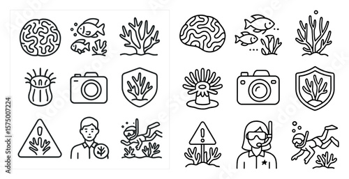 The image is of a set of icons for various underwater activities. The icons include a fish, a camera, a person in a wetsuit, and a person holding a snorkel. The icons are arranged in a grid