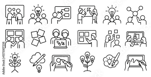 Series of icons depicting people working on a project. The icons include a person holding a pen, a person using a laptop, and a person pointing at a screen