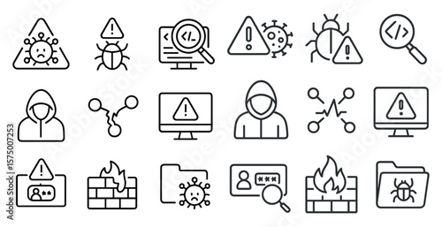 Series of icons depicting various computer security threats. The icons include a person in a hoodie, a person with a magnifying glass, and a person with a fire