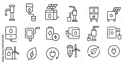 Series of icons for various water-related items, including a water pump, a water heater, and a water dispenser