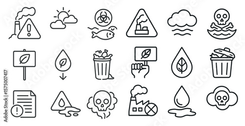 Series of black and white icons that represent various environmental issues. The icons include a sign, a skull, a fish, a person holding a sign, a person holding a fish, a person holding a sign