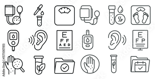 Collection of medical icons and symbols. The icons include a stethoscope, a blood pressure cuff, a scale, and a thermometer