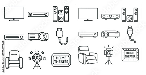 Collection of icons for home theater equipment. The icons include a chair, a remote control, a projector, a television, a speaker, a keyboard, a mouse, a laptop, a camera, a microphone, a light