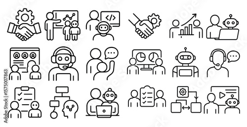 Series of icons depicting people in various roles, such as a robot, a person with a laptop, and a person with a headset. The icons convey a sense of technology and communication