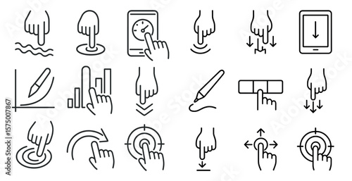Set of icons for a touch screen device. The icons include a pen, a clock, and a down arrow