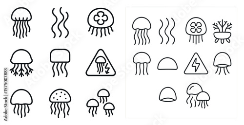 Series of jellyfish and other sea creatures in black and white. The jellyfish are depicted in various sizes and positions, with some appearing to be floating in the water