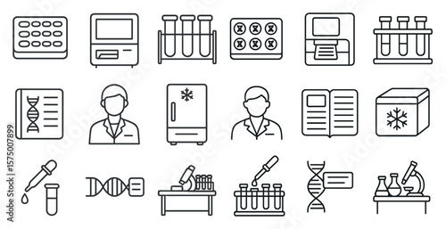 Set of medical symbols and icons. The icons include a man in a lab coat, a book, a refrigerator, a box, a computer, a cup, a bottle, a syringe, a box, a box, a box