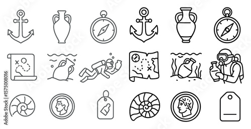 Collection of icons including a compass, a bottle, a man in a wetsuit, a man in a diving suit, a man in a scuba diving suit, a man in a diving suit, a man in a scuba diving suit