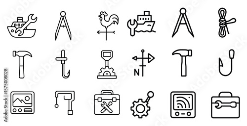 Set of tools and equipment are shown in a black and white drawing. The tools include a hammer, a wrench, a screwdriver, and a pair of pliers. Concept of craftsmanship and manual labor