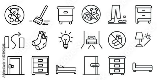 Series of icons for a bedroom, including a bed, dresser, and nightstand. The icons also include a no-teddy bear sign, a no-sock sign, and a no-shoe sign