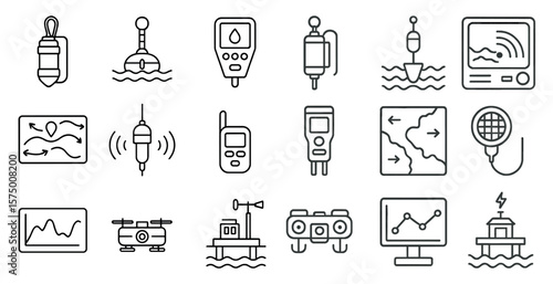 Collection of water-related icons, including a buoy, a boat, a compass, and a weather station