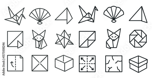 Set of origami shapes and boxes. The shapes are all different sizes and are made of paper. Scene is one of creativity and artistry