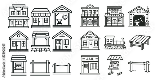 Collection of buildings and signs, including a train, a jail, a news stand, and a store