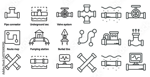 Set of pipe symbols, including a valve, a pipe connector, and a pump. The symbols are arranged in a grid, with some overlapping and others standing alone. Scene is one of organization and structure