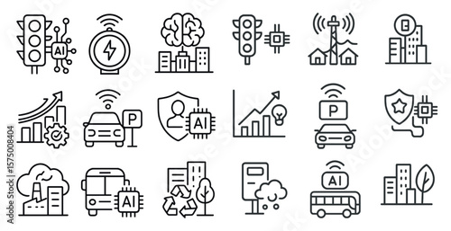 Set of icons for various modes of transportation, including cars, buses, and trains. The icons are all in black and white and are arranged in a grid