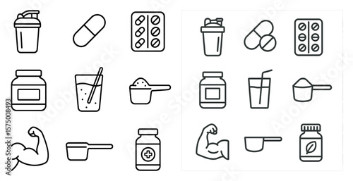 Set of icons for health and fitness products. The icons include a bottle of protein powder, a cup, a spoon, a pill, a cup of coffee, a cup of tea, a cup of water, a bottle of vitamins