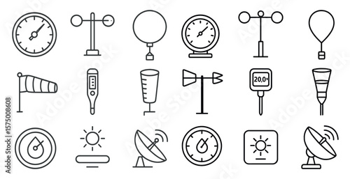 Collection of weather-related icons and symbols. The icons include a thermometer, an anemometer, a weather vane, a clock, and a weather balloon. Scene is one of scientific precision and accuracy