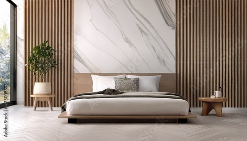 cozy modern mock up design of living room interior have minimal bed and side table with white marble and wooden pattern wall background