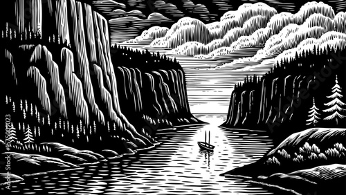 Nordic fjord merging into the sea, with cliff, boat, pine forests, and clouds illustrated in elegant black and white line art illustration for nature and travel use